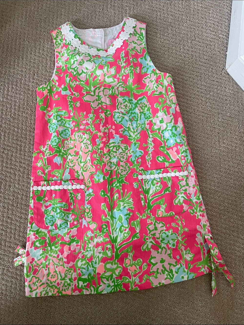 Lilly Pulitzer girls Pink Green Floral Shift Dress with White Crochet Trim